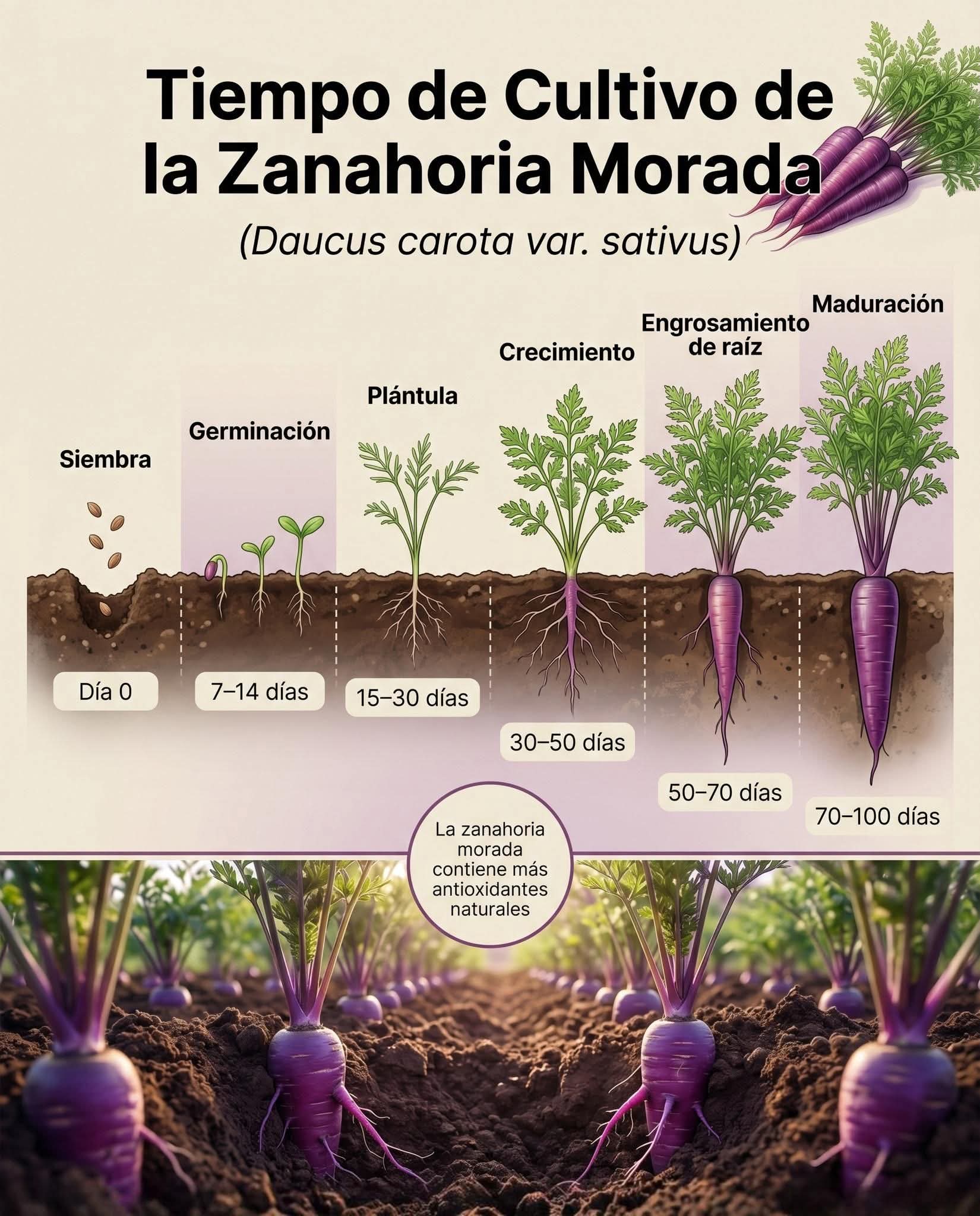 zanahoria, morada, tiempo, cultivo
